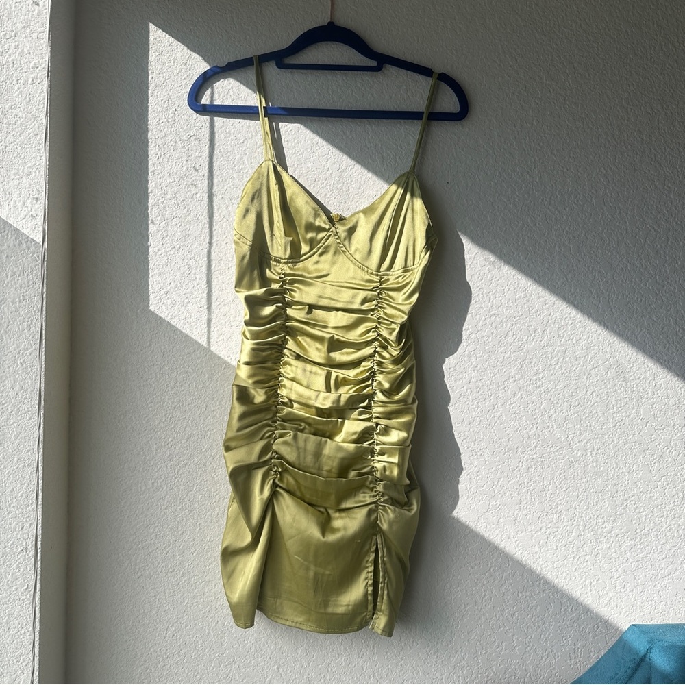 Olive Green Ruched Mini Dress